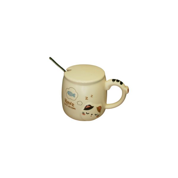 TAZA C/TAPA Y CUCHARA GATITO (MOÑITO EN EL ASA)