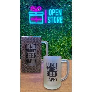 CHOPP VIDRIO ESMERILADO CON FRASE "DON T WORRY, BEER HAPPY" NE CAJA