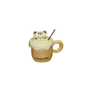 TAZA C/TAPA Y CUCHARA GATITO LUCKY CAT