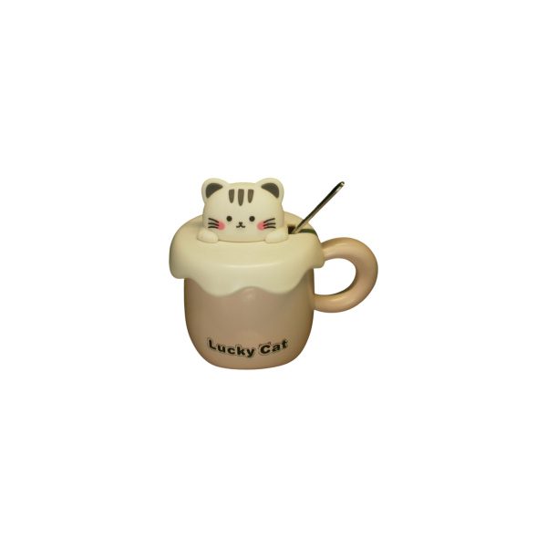 TAZA C/TAPA Y CUCHARA GATITO LUCKY CAT - Imagen 3