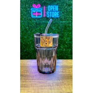 VASO VIDRIO ROMBO Y SORBETE CON PEGATINA OSITO