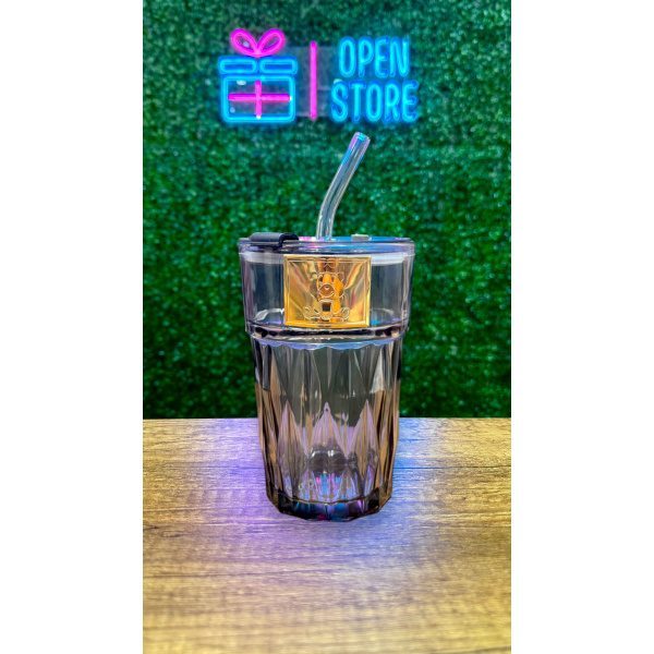 VASO VIDRIO ROMBO Y SORBETE CON PEGATINA OSITO