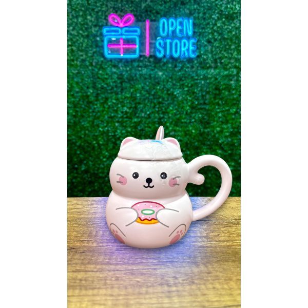 TAZA CON CUCHARA Y TAPA FORMA DE GATO