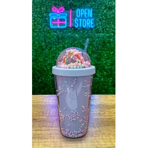 VASO ACRILICO CON ARCOIRIS 3D Y PELOTITAS TRENDY