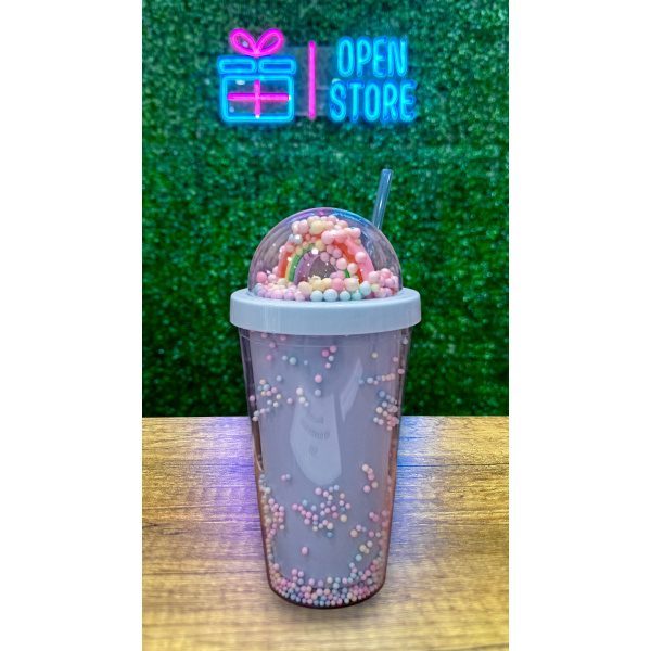 VASO ACRILICO CON ARCOIRIS 3D Y PELOTITAS TRENDY