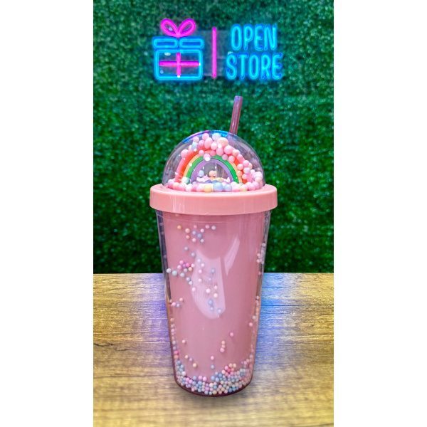 VASO ACRILICO CON ARCOIRIS 3D Y PELOTITAS TRENDY - Imagen 2