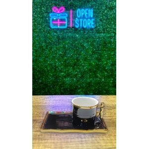 SET X6 POCILLOS CON BORDES DORADOS Y PLATOS CUADRADOS