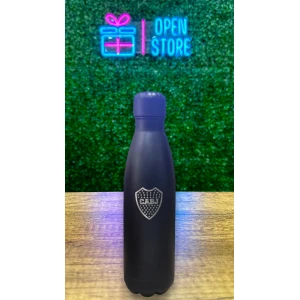 BOTELLA ACERO 500ML CON TAPA A ROSCA NEGRA Y ESCUDOS DE FUTBOL