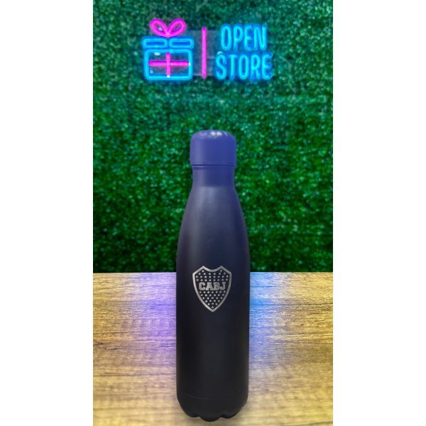 BOTELLA ACERO 500ML CON TAPA A ROSCA NEGRA Y ESCUDOS DE FUTBOL