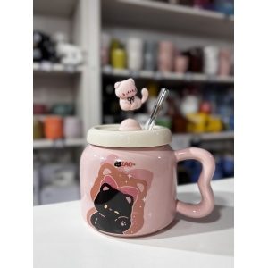 TAZA PREMIUM CON TAPA Y SORBETE GATITO