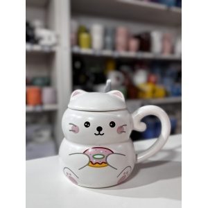 TAZA CON CUCHARA Y TAPA FORMA DE GATO