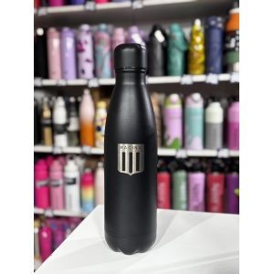BOTELLA ACERO 500ML CON TAPA A ROSCA NEGRA Y ESCUDOS DE FUTBOL