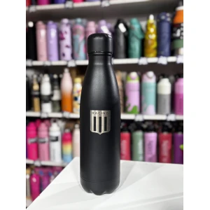BOTELLA ACERO 500ML CON TAPA A ROSCA NEGRA Y ESCUDOS DE FUTBOL