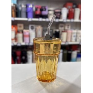 VASO VIDRIO ROMBO Y SORBETE CON PEGATINA OSITO