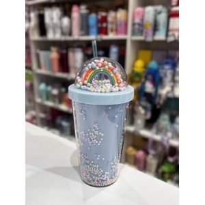 VASO ACRILICO CON ARCOIRIS 3D Y PELOTITAS TRENDY