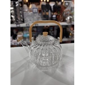 TETERA DE VIDRIO RAYADA CON MANDO MADERA 1L