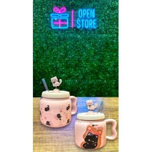 TAZA PREMIUM CON TAPA Y SORBETE GATITO