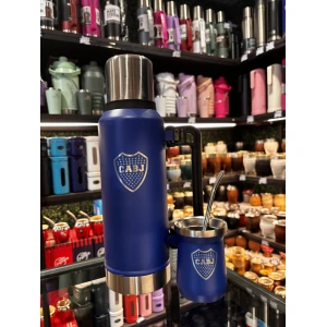 SET TERMO ACERO 1.2L CON MANIJA PLEGABLE + MATE ACERO TERMICO CLUBES