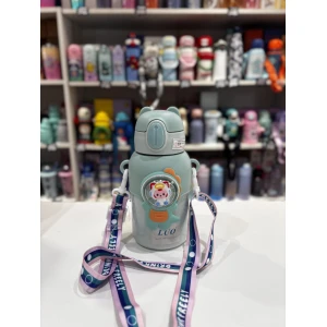 BOTELLA INFANTIL ACERO 450ML LUO CON CORREA Y TAPA BOTON CON PICO DE SILICONA