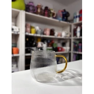 TAZA VIDRIO LABRADA RAYAS CON ASA DORADA