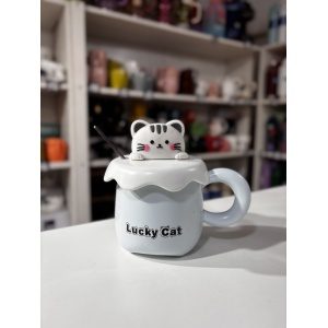 TAZA C/TAPA Y CUCHARA GATITO LUCKY CAT