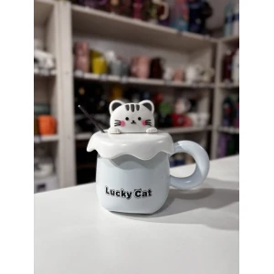 TAZA C/TAPA Y CUCHARA GATITO LUCKY CAT
