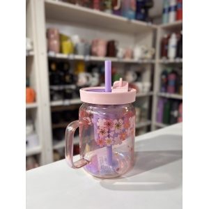 TAZA VIDRIO C/TAPA Y SORBETE TORNASOLADA