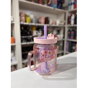 TAZA VIDRIO C/TAPA Y SORBETE TORNASOLADA