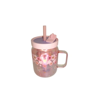 TAZA VIDRIO C/TAPA Y SORBETE TORNASOLADA