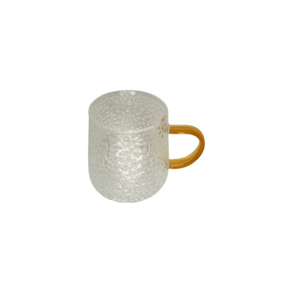 TAZA VIDRIO LABRADA CON ASA DORADA
