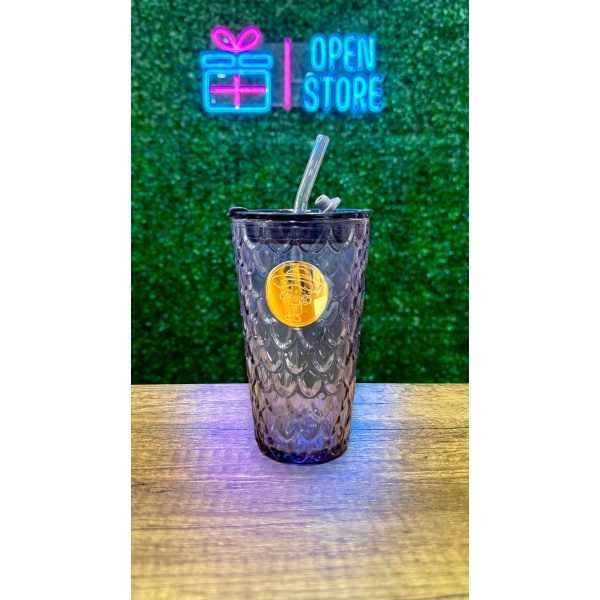 VASO VIDRIO ESCAMAS Y SORBETE CON PEGATINA OSITO