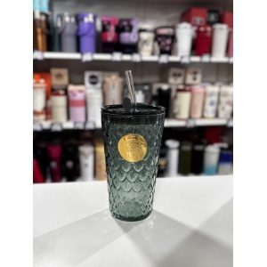 VASO VIDRIO ESCAMAS Y SORBETE CON PEGATINA OSITO