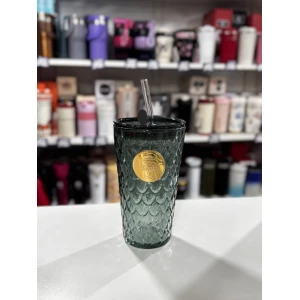 VASO VIDRIO ESCAMAS Y SORBETE CON PEGATINA OSITO