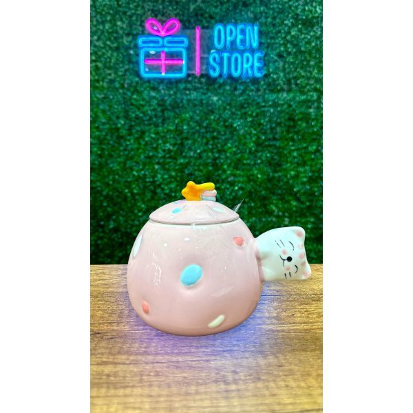 TAZA CON TAPA Y CUCHARA GATO REDONDO - Imagen 2