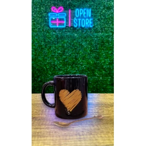 TAZA MUG RECTO CORAZON DORADO + CUCHARA HOJAS CON CAJA