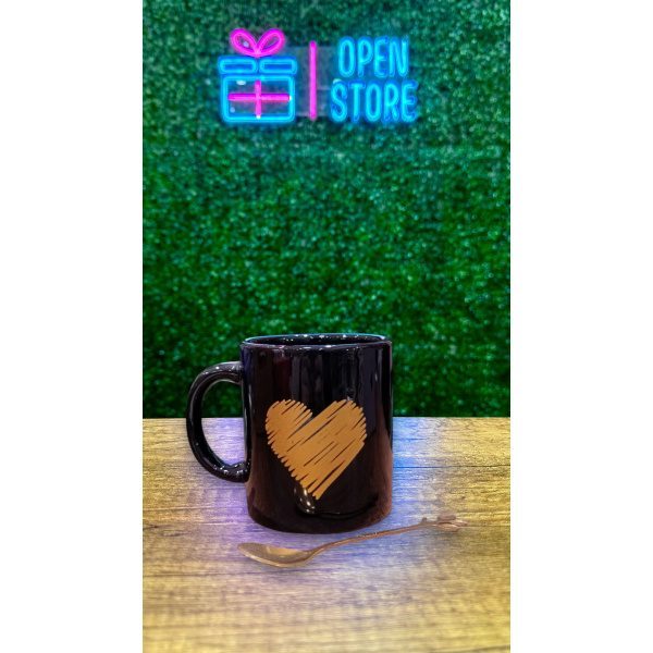 TAZA MUG RECTO CORAZON DORADO + CUCHARA HOJAS CON CAJA