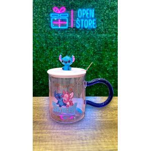 TAZA VIDRIO CON TAPA Y CUCHARA STITCH