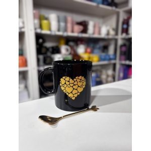 TAZA MUG RECTO CORAZON DORADO + CUCHARA HOJAS CON CAJA