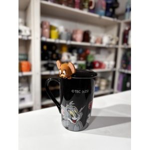 TAZA ALTA PREMIUM TOM&JERRY CON TAPA Y CUCHARA