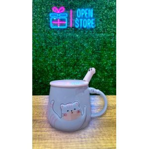 TAZA CON TAPA Y CUCHARA GATO DURMIENDO