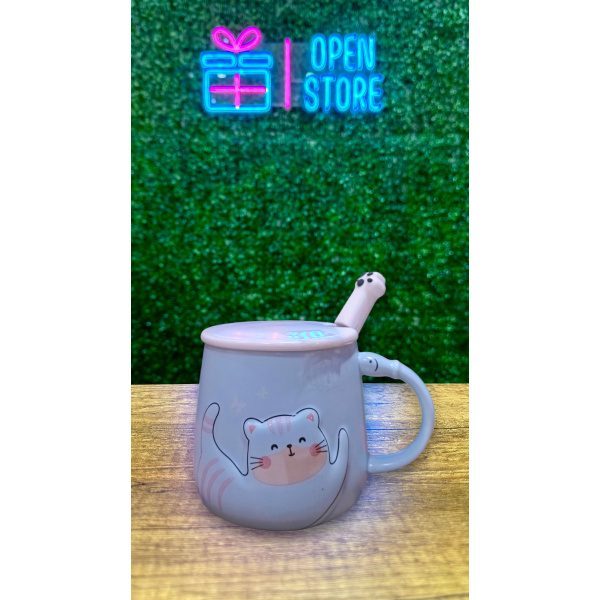 TAZA CON TAPA Y CUCHARA GATO DURMIENDO