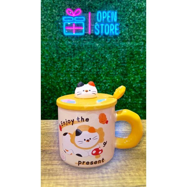 TAZA CON TAPA CABEZA DE GATO Y CUCHARA