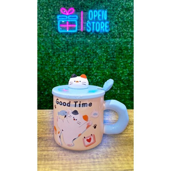 TAZA CON TAPA CABEZA DE GATO Y CUCHARA - Imagen 2