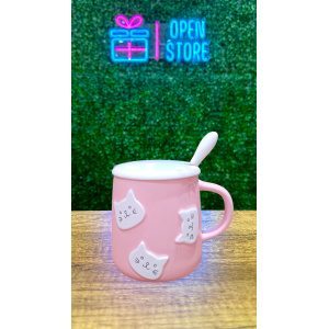 TAZA CON TAPA Y CUCHARA CARAS DE GATO