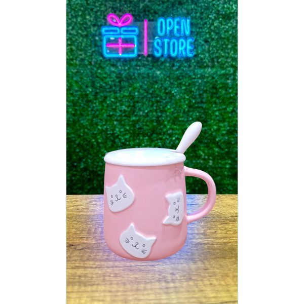 TAZA CON TAPA Y CUCHARA CARAS DE GATO