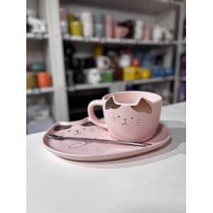 TAZA + PLATO PREMIUM GATO ORO