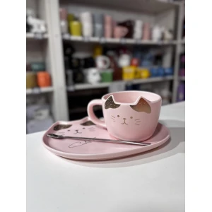 TAZA + PLATO PREMIUM GATO ORO