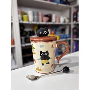 TAZA PREMIUM CON TAPA CABEZA DE GATO NEGRO + CUCHARA