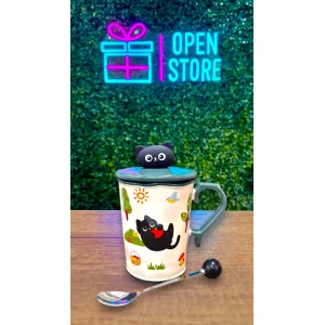 TAZA PREMIUM CON TAPA CABEZA DE GATO NEGRO + CUCHARA