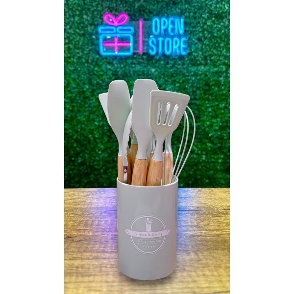 SET UTENSILIOS SILICONA MANGO MADERA X 11 + CONTENEDOR - Imagen 6
